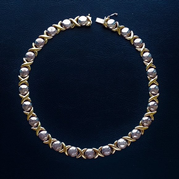 2-Tone "XOXO" 925 Sterling Silver Collar Necklace - Picture 4 of 7